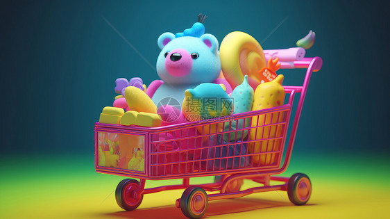 粉色购物车里放着一堆可爱的五颜六色的玩具图片