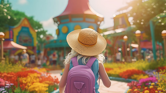 背着紫色背包戴着帽子去游乐场的小女孩背影图片