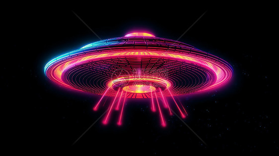 科幻的充满霓虹灯光的漫画风格的空中外星飞船图片