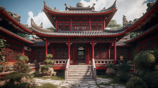 中式红色雕花带栏杆的建筑图片