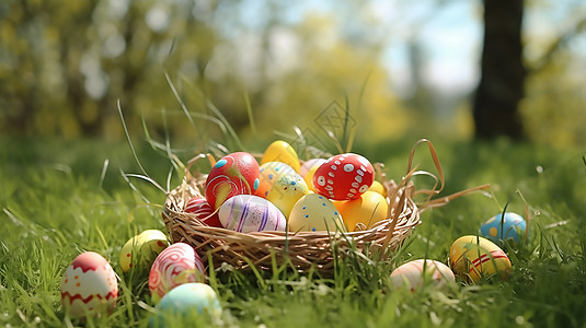 阳光明媚的草地上一篮子五彩的复活节彩蛋图片