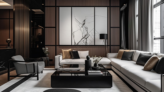 新中式家具低调新中式整洁大气的客厅插画