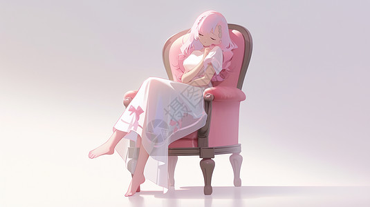 小女孩坐在椅子上坐在粉色椅子上高贵的粉色长发卡通女孩插画