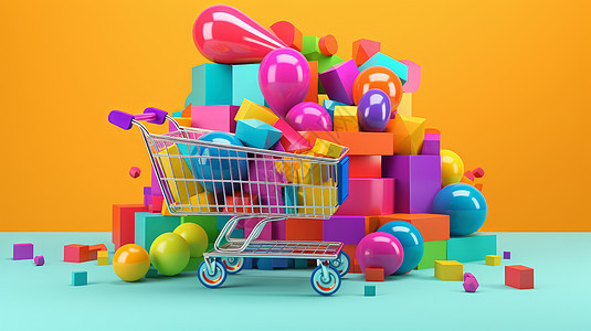 购物车与彩色立体的形状购物节图片