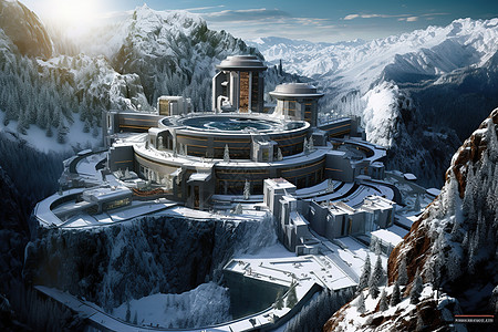 超未来雪山下大型先进建筑城堡3D场景图片