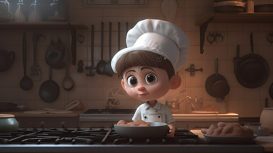 可爱的小厨师在厨房做饭图片