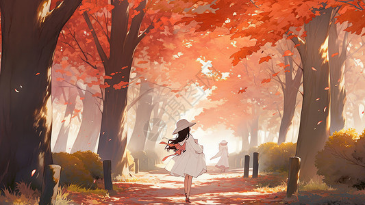 秋天在高大的枫树林下行走的卡通女孩图片