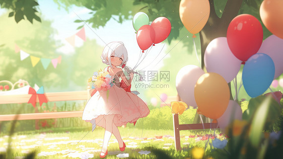 手拿气球和花朵在公园中散步的小女孩图片