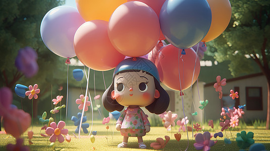 站在满是气球的花园中的可爱的小女孩3D粘土风图片