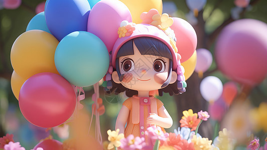 站在花丛中被气球和花朵包围的可爱的卡通小女孩图片