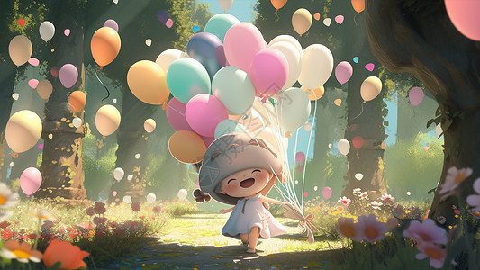 奔跑在森林拿着气球的可爱的小女孩图片