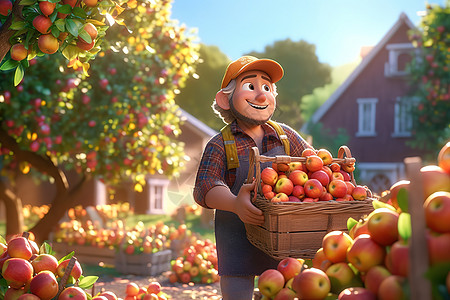 丰收的季节农民在采摘新鲜苹果水果3D场景图片