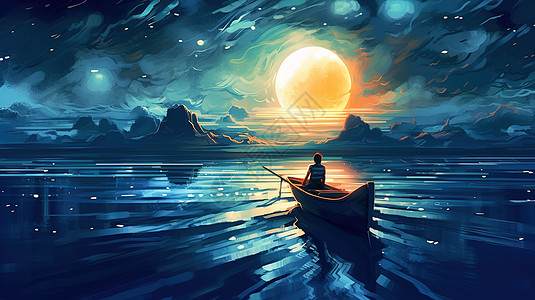 一个人在海上漂浮的夜景油画图片