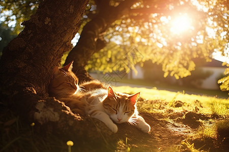 秋天午后阳光树下睡觉的猫图片