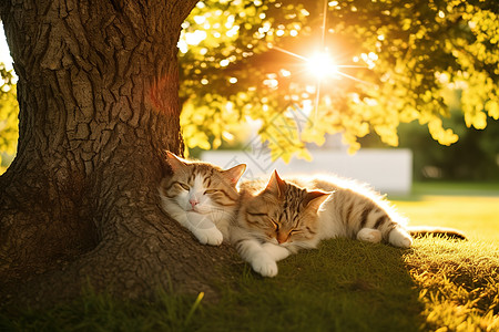 午后阳光树下睡觉的猫图片
