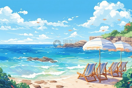 夏日大海沙滩插画治愈系风景图片
