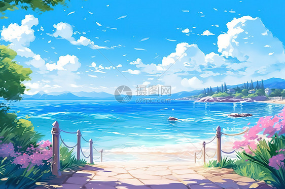 夏日大海插画治愈系风景图片