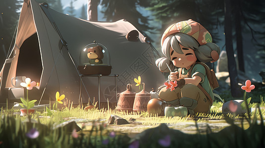坐在露营帐篷外手拿花朵的可爱的卡通小女孩图片