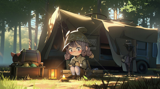 在森林里露营打游戏看手机的卡通小女孩图片