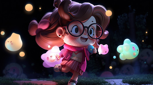 戴着眼镜奔跑着追发光的小精灵的卡通小女孩图片