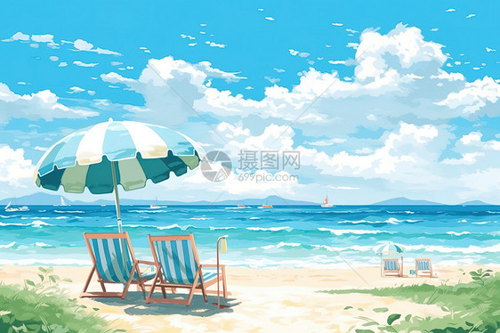 治愈系风格夏日大海沙滩躺椅插画图片