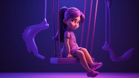 坐在紫色秋千上荡秋千的卡通小女孩图片