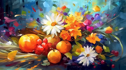 手绘抽象的彩色水果花卉图案图片