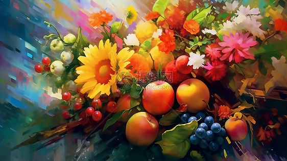 手绘彩色水果花卉图案图片