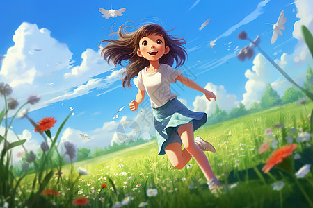 可爱的女孩在草原上奔跑插画图片