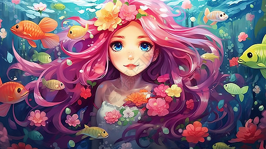 水中长发女孩公主被花朵包围图片