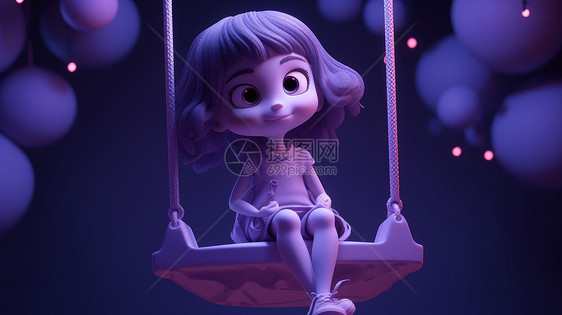 可爱的卡通小女孩坐在秋千上图片