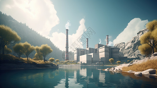 山中湖边树林里的现代沼气新能源发电厂图片