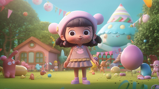 戴粉色帽子的卡通小女孩站在游乐场图片