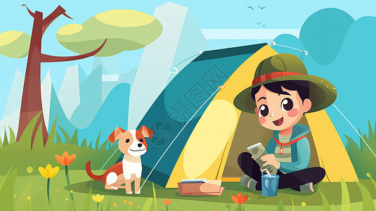 男孩和宠物狗去野外森林里露营卡通图片