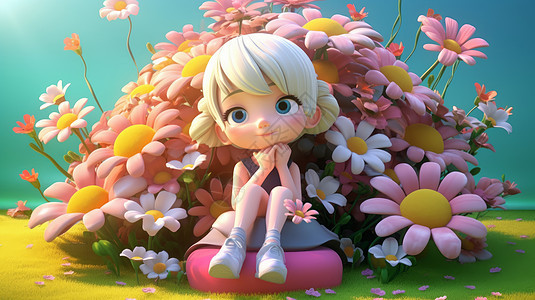 坐在花丛中可爱的立体卡通小女孩图片
