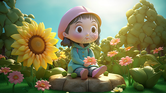 手拿花朵坐在岩石上可爱的卡通立体小女孩图片