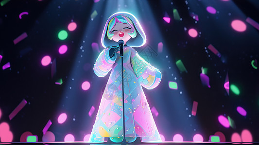 炫彩发光的站在舞台中间唱歌的卡通小女孩图片