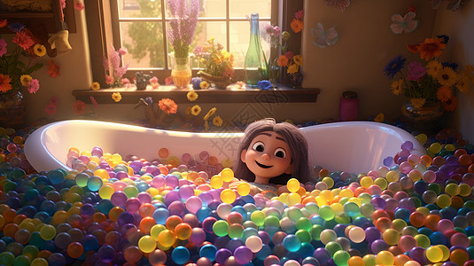 可爱的卡通小女孩在满是彩色球的浴室中嬉戏图片