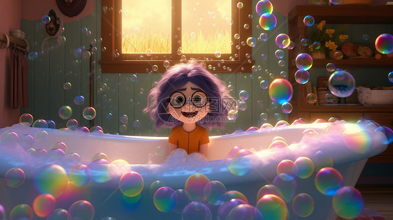 戴着眼镜的卡通短发立体卡通小女孩在满是泡沫的浴缸中嬉戏图片