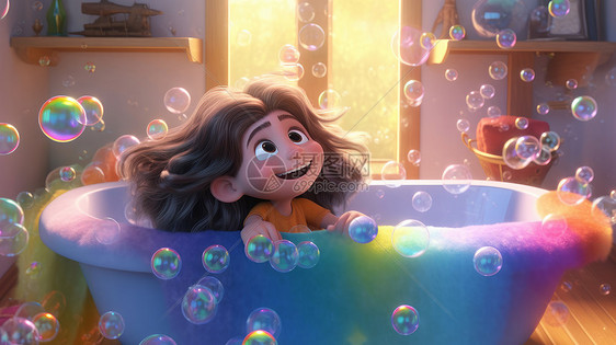 可爱的小女孩在浴缸中看着满屋的气泡开心图片