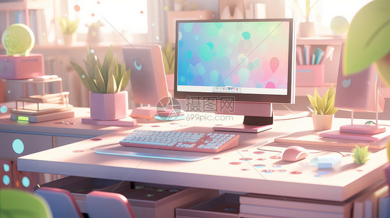 粉色可爱卡通粉色电脑桌图片