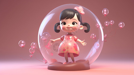 站在气泡里头戴粉色花朵立体卡通小女孩图片