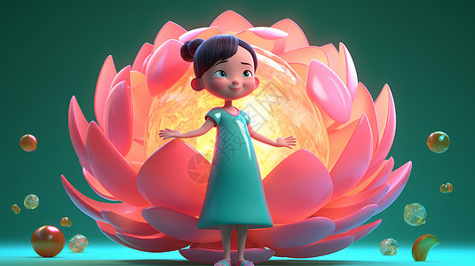 站在巨大花朵前张开双手的可爱立体卡通女孩图片