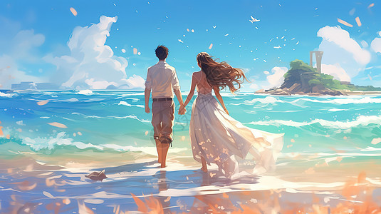 情侣在湛蓝的海边拍婚纱照插画