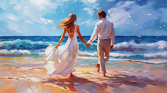 仰拍天空在湛蓝的海边拍婚纱照的一对情侣插画