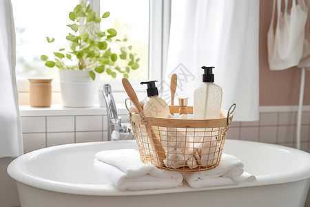 家居浴缸旁的洗漱用品背景图片