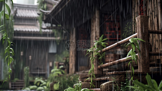 雨中古建筑图片