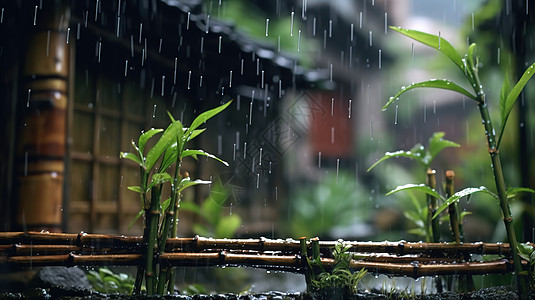 竹子建筑雨中竹子特写背景