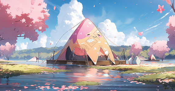 粉色的在小岛上的卡通大帐篷图片