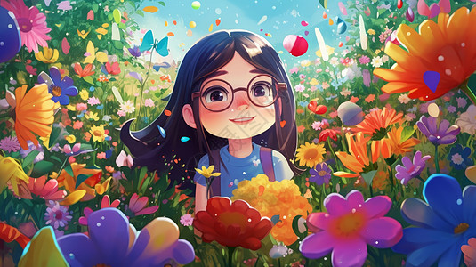 戴眼镜的大眼睛长发女孩在花丛中赏花图片